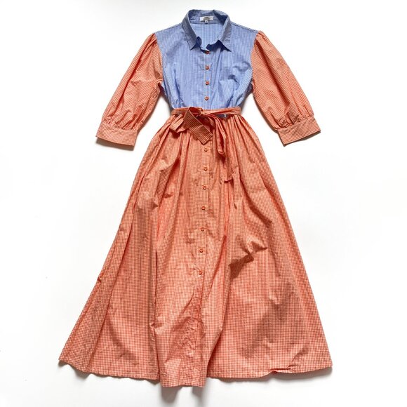 Kemi Telford Button Down Shirt Dress Gingham Blue Orange Size Medium - Picture 2 of 8